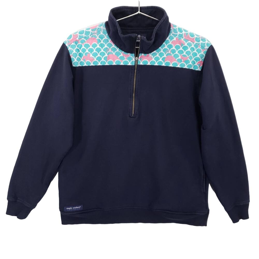 Simply Southern Sweater Womens Medium Navy 1/4 Zip Mermaid Scale Mock Pullover